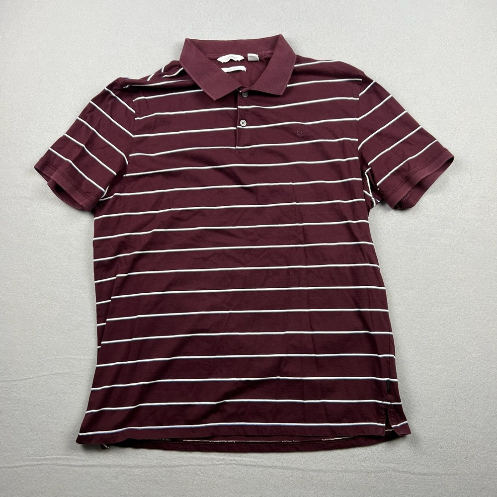 Calvin Klein Men L Maroon Striped Liquid Touch Short Sleeve Polo Shirt 1338059